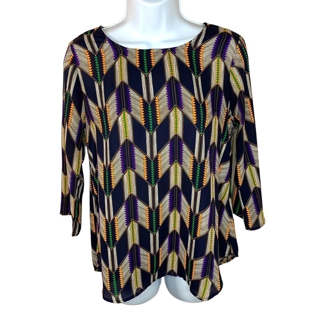 Small Dainty Hooligan Black Multicolored Geometric Tribal Print Blouse Western